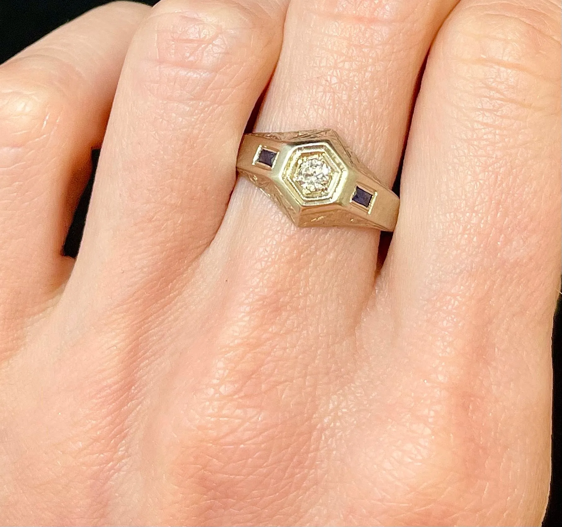 1920s Intricate Filigree Design SWG Diamond & Sapphire Ring - $7K APR value w/CoA!