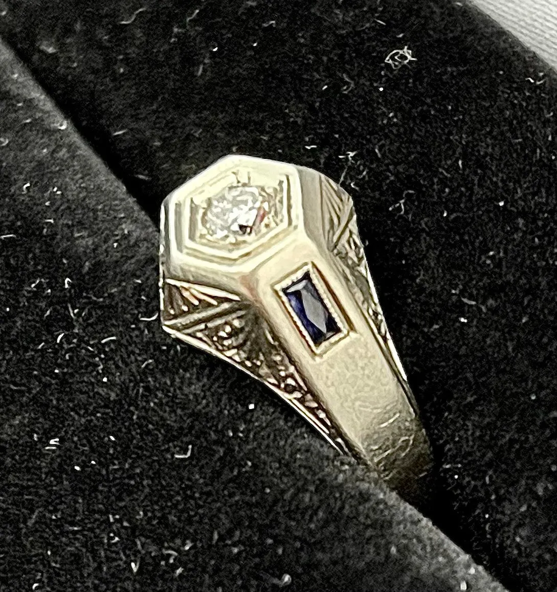 1920s Intricate Filigree Design SWG Diamond & Sapphire Ring - $7K APR value w/CoA!