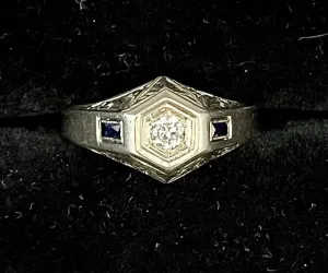 1920s Intricate Filigree Design SWG Diamond & Sapphire Ring - $7K APR value w/CoA!