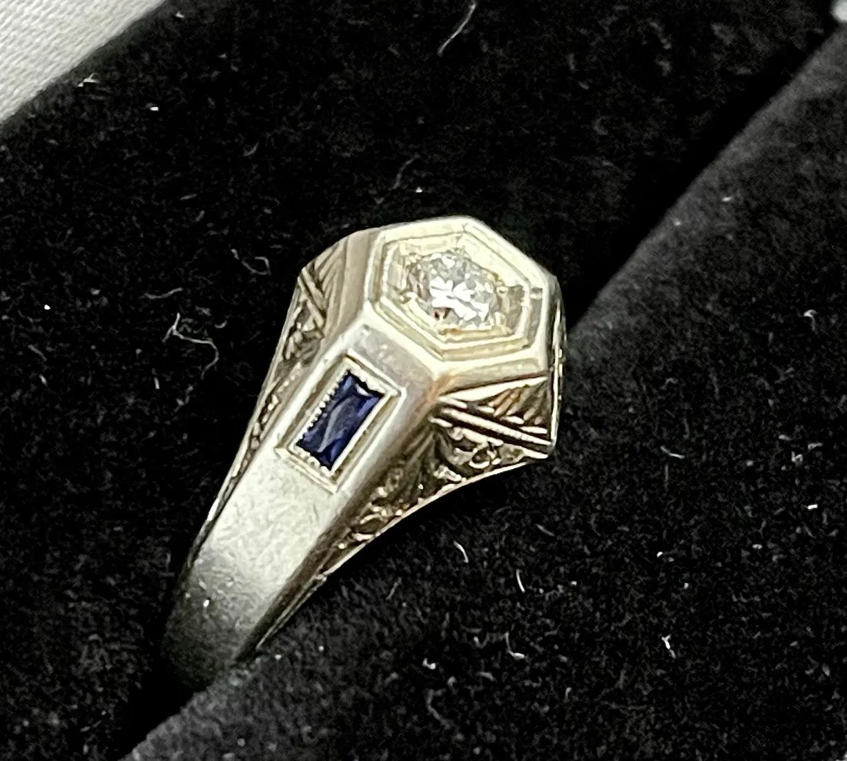 1920s Intricate Filigree Design SWG Diamond & Sapphire Ring - $7K APR value w/CoA!