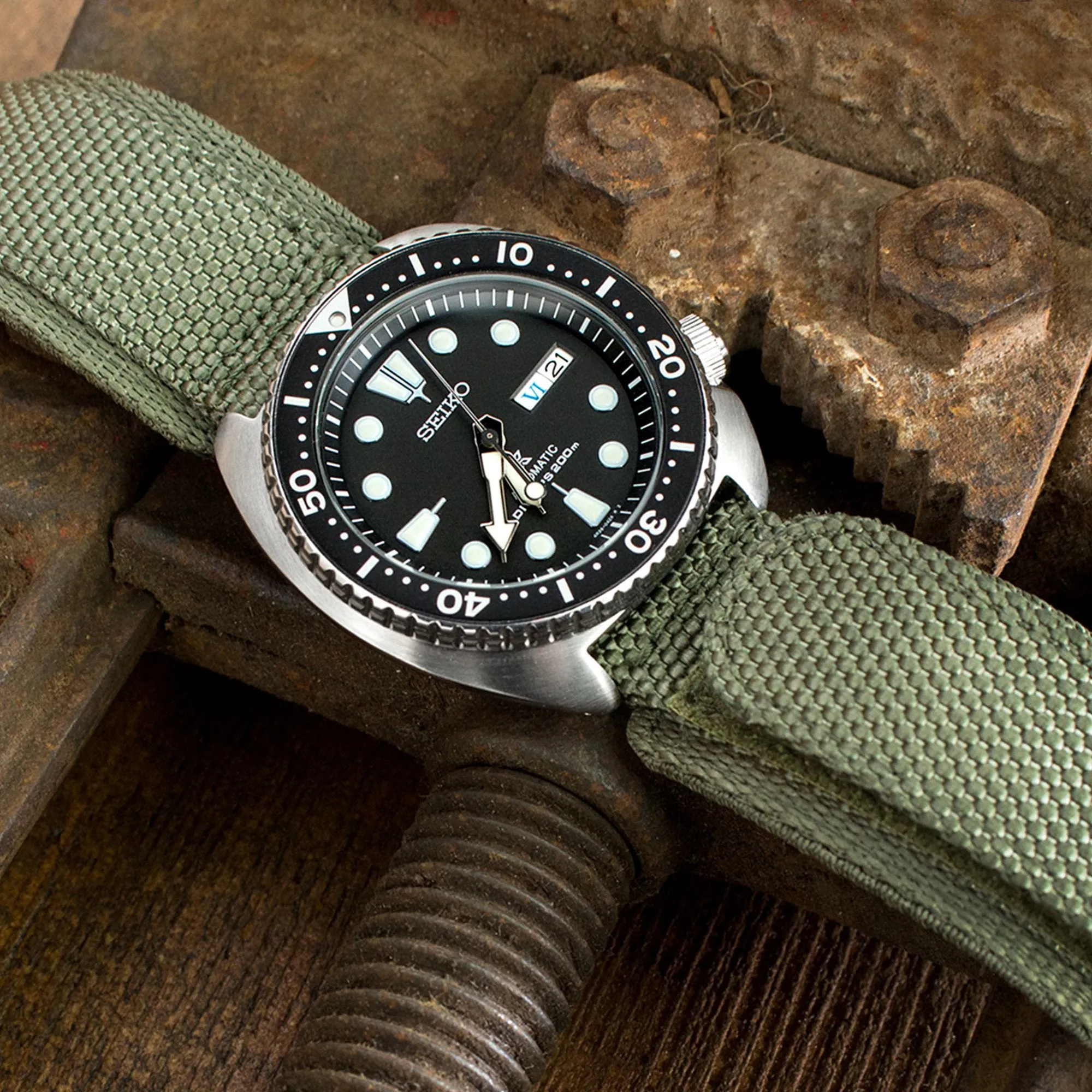 22mm MiLTAT Honeycomb Military Green Nylon Velcro Fastener Watch Strap, Brushed Stainless Buckle, XL