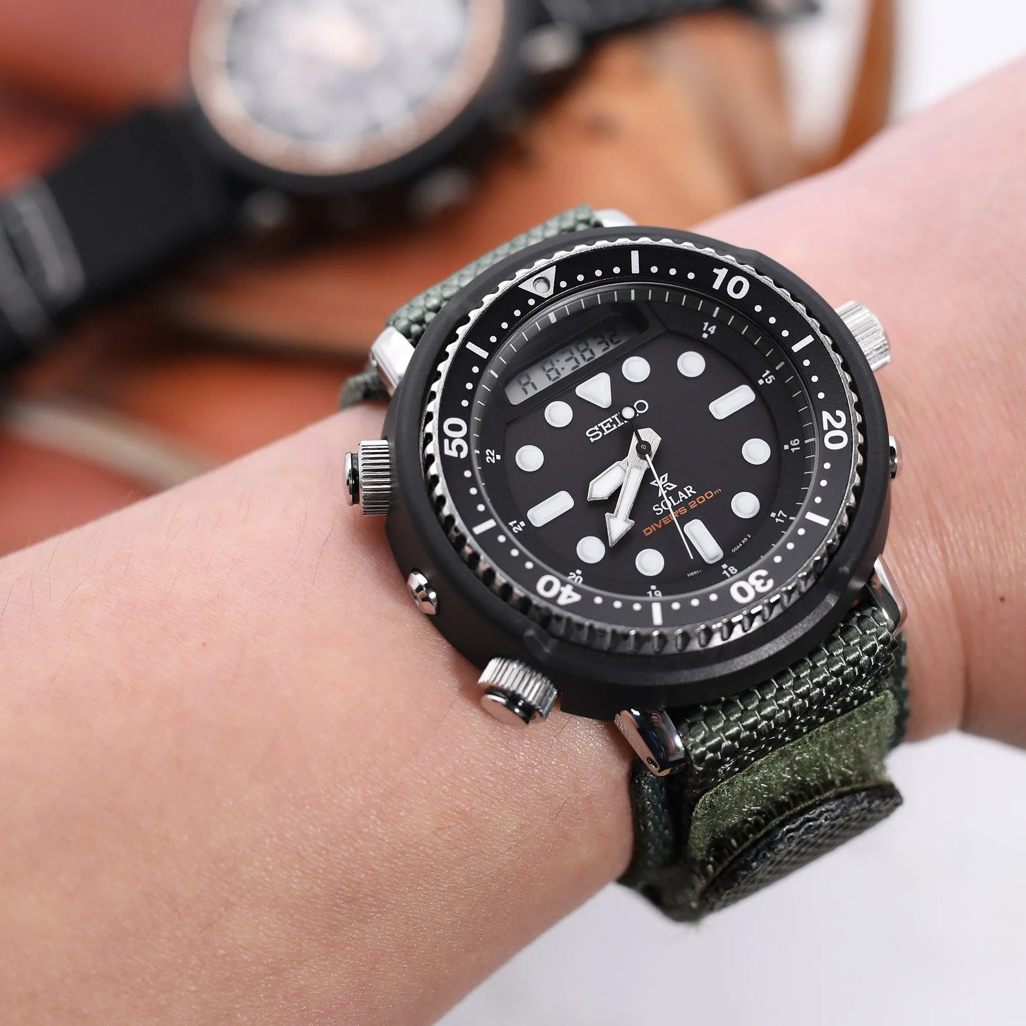 22mm MiLTAT Honeycomb Military Green Nylon Velcro Fastener Watch Strap, Brushed Stainless Buckle, XL