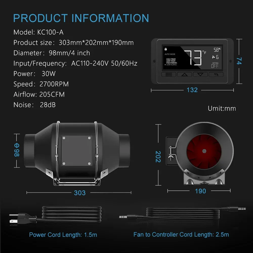 4 Inch Inline Fan With Digital Humidity   Temperature Control | Professional Series