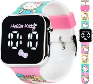 Accutime Hello Kitty LED Kids Watch - Silver Plastic Case, Colorful Printed Artwork, White LED Display, Soft Silicone Strap, Easy to Read, Ideal for Girls, Official Sanrio Merchandise