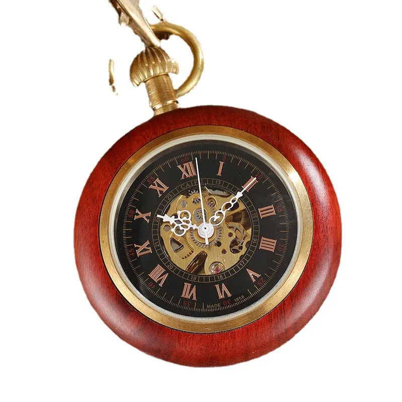 Antique Red Copper and Wood Mechanical Pocket Watch