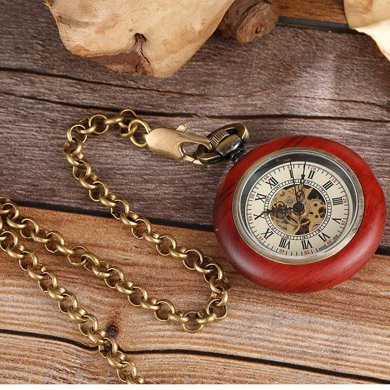 Antique Red Copper and Wood Mechanical Pocket Watch