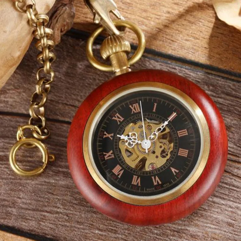 Antique Red Copper and Wood Mechanical Pocket Watch