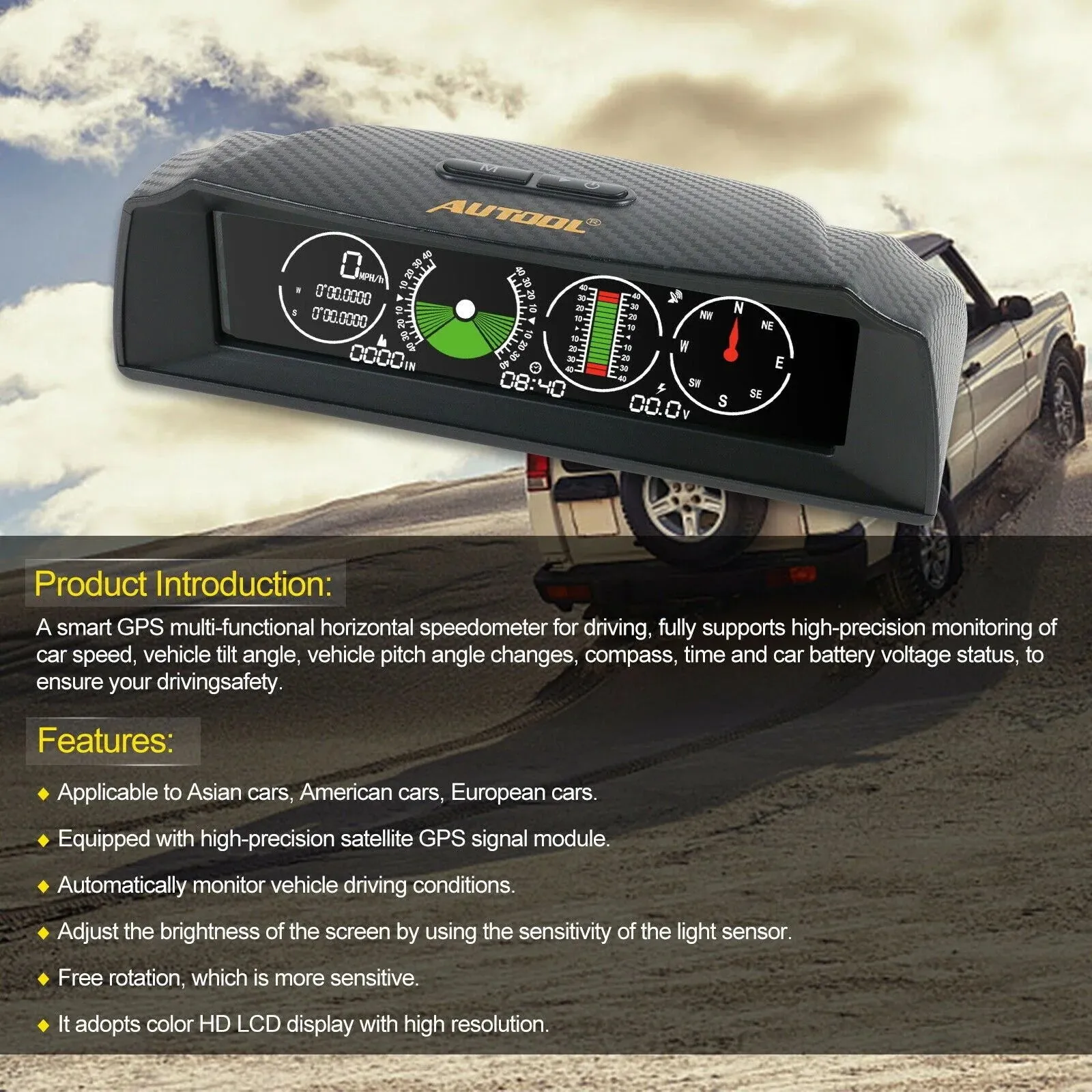 Autool GPS Inclinometer Angle Tilt Slope Meter Indicator Level Gauge Speed Alarm