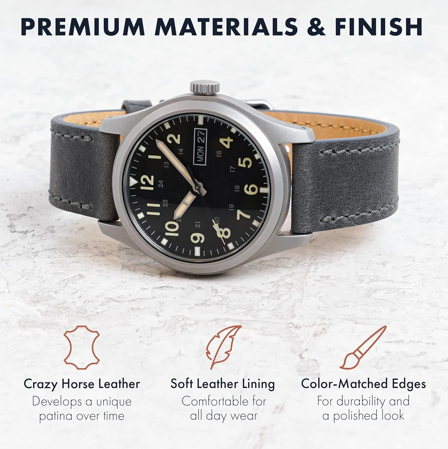 Benchmark Leather Watch Band - Crazy Horse Leather Watch Straps for Men & Women - Stainless-Steel Buckle & Quick Release Spring Bars - Choice of Color - 18mm, 20mm, or 22mm Widths