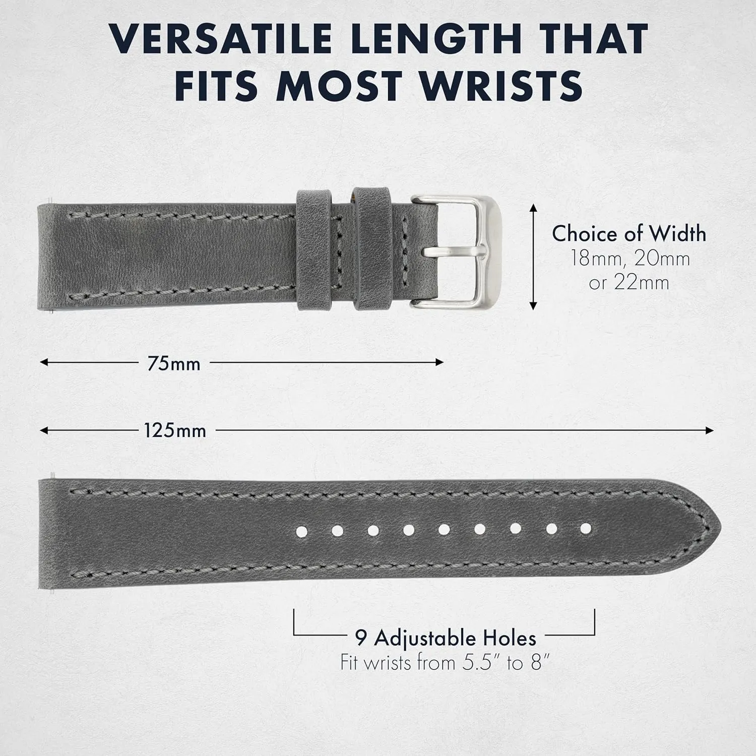 Benchmark Leather Watch Band - Crazy Horse Leather Watch Straps for Men & Women - Stainless-Steel Buckle & Quick Release Spring Bars - Choice of Color - 18mm, 20mm, or 22mm Widths