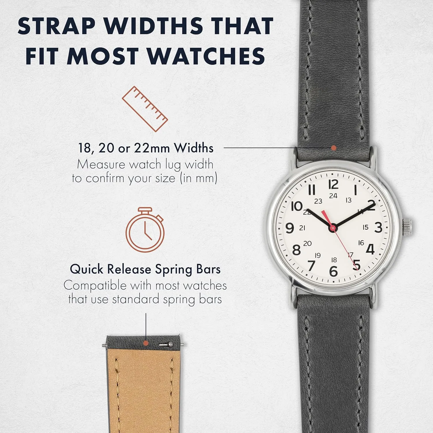 Benchmark Leather Watch Band - Crazy Horse Leather Watch Straps for Men & Women - Stainless-Steel Buckle & Quick Release Spring Bars - Choice of Color - 18mm, 20mm, or 22mm Widths