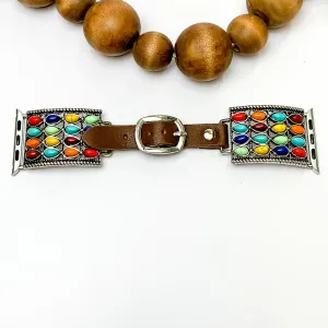 Brown Smart Watch Band with Rope Detailing Square Pendant and Multicolor Stones