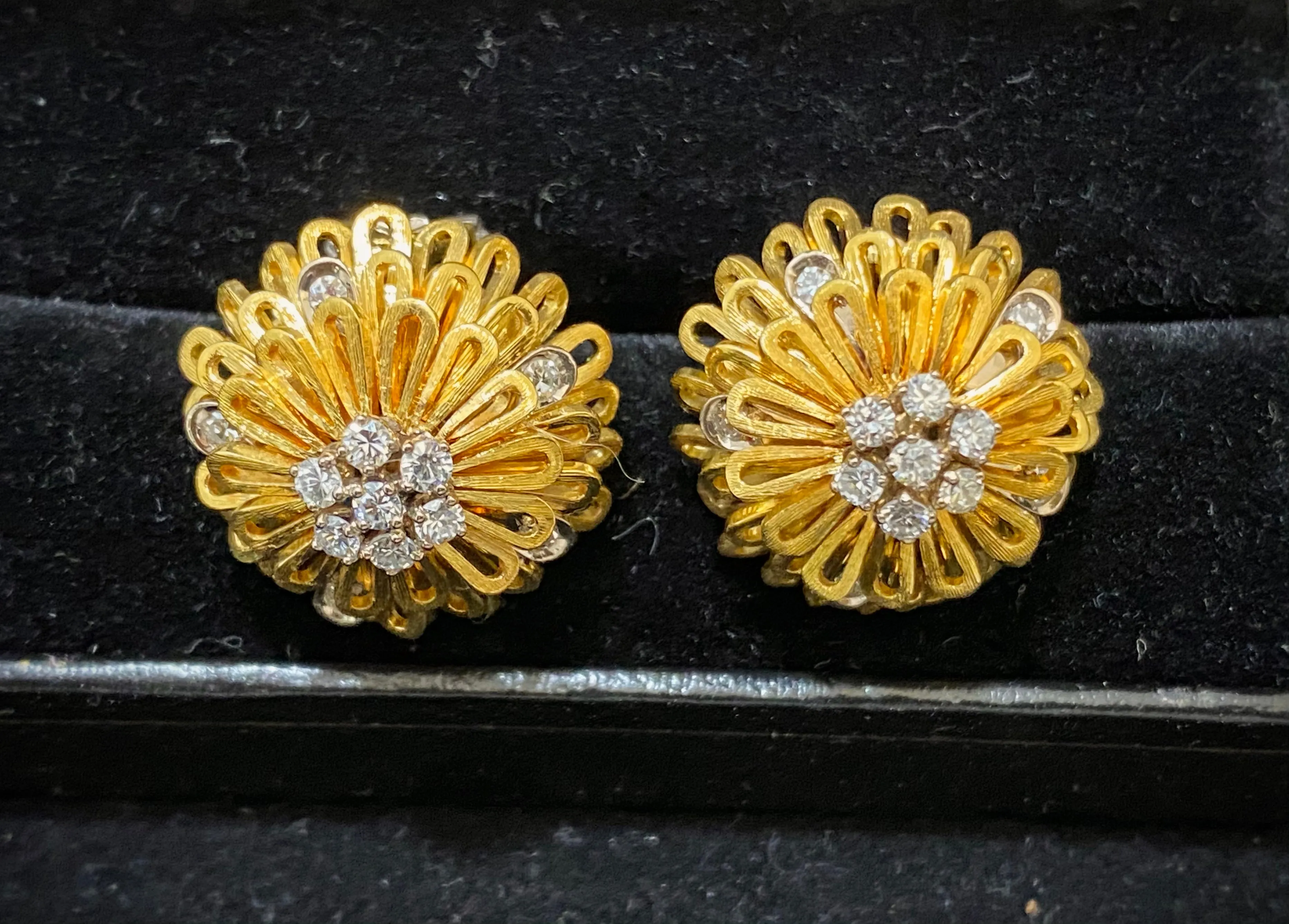Buccellati-Style Intricate Designer's 18K Yellow Gold with 24 Diamonds Clip Earrings - $30K Appraisal Value w/CoA}