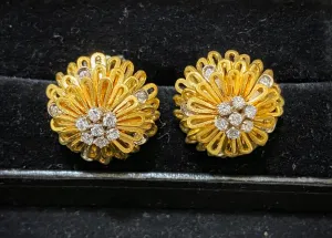 Buccellati-Style Intricate Designer's 18K Yellow Gold with 24 Diamonds Clip Earrings - $30K Appraisal Value w/CoA}