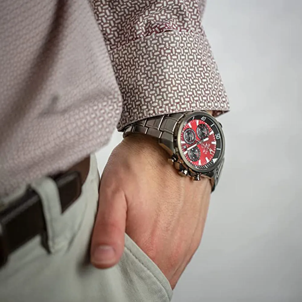 Bulova Men's Red Dial Gray Stainless Steel Band Marine Star Chronograph Quartz Watch - 98B350