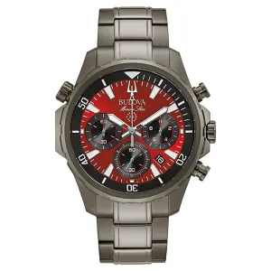 Bulova Men's Red Dial Gray Stainless Steel Band Marine Star Chronograph Quartz Watch - 98B350