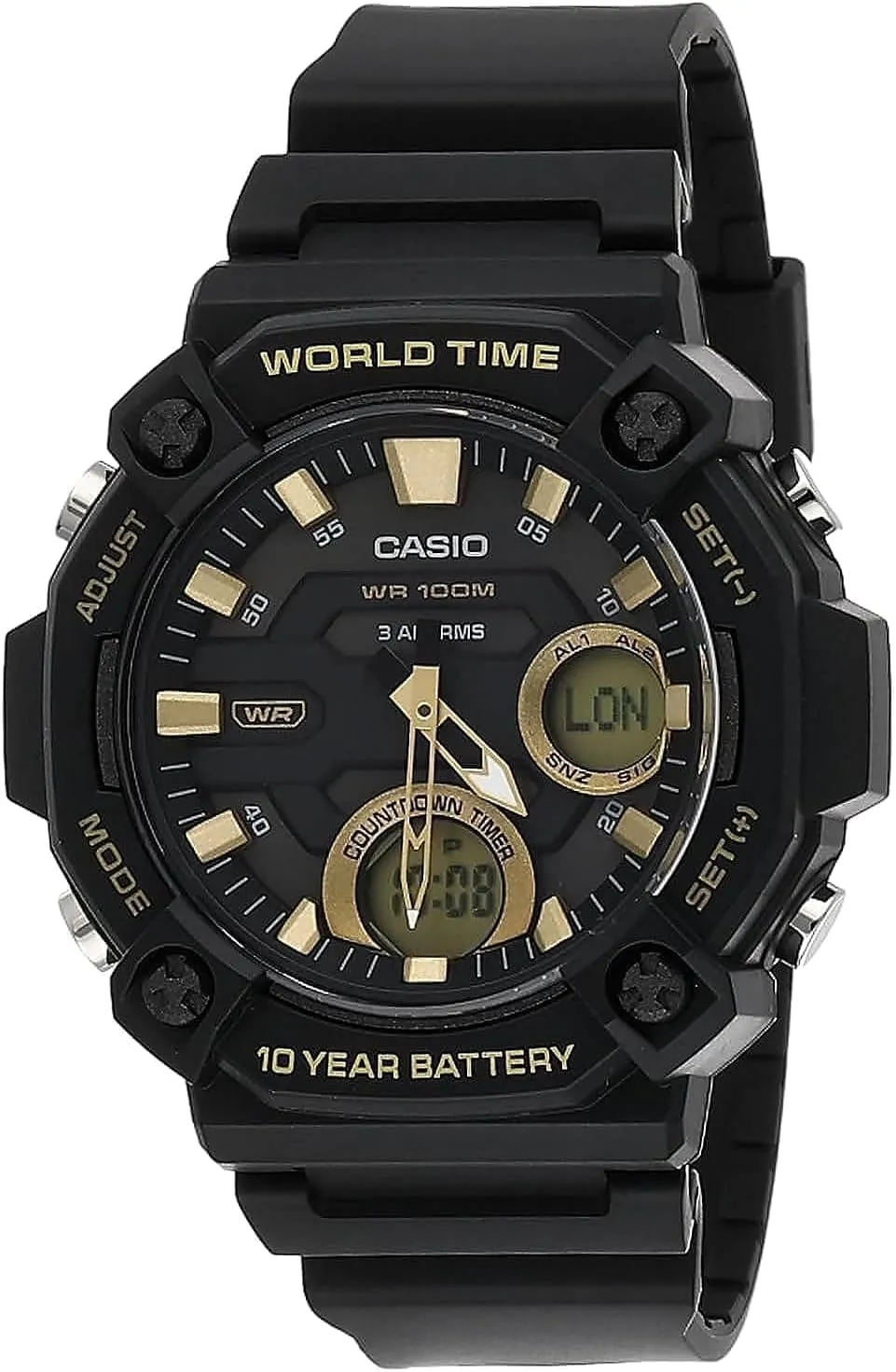 Casio AEQ120W Series | Mens Analog-Digital Watch |100M Water Resistance | Multi Alarms | 100 SEC Stopwatch | Countdown Timer | World Map for World Time | LED Light | LC Display | 10 Yr Batt