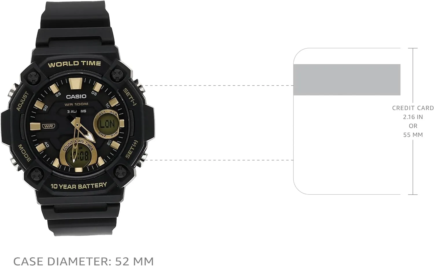 Casio AEQ120W Series | Mens Analog-Digital Watch |100M Water Resistance | Multi Alarms | 100 SEC Stopwatch | Countdown Timer | World Map for World Time | LED Light | LC Display | 10 Yr Batt