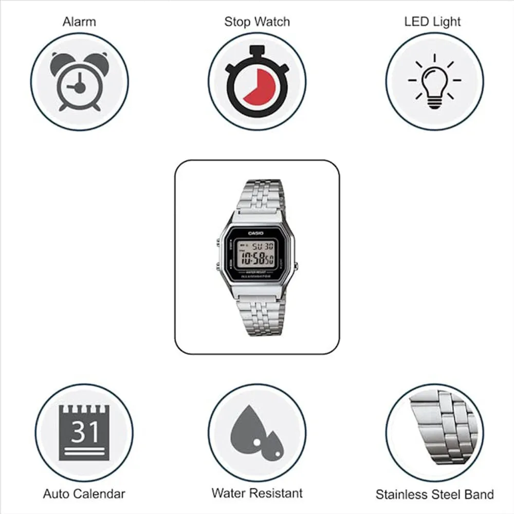 Casio Women's Black Dial Silver Stainless Steel Band Digital Retro Quartz Watch - LA680WA-1DF