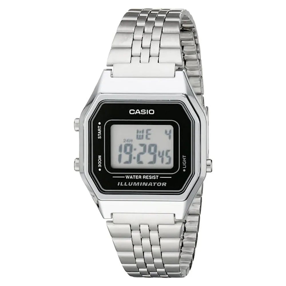 Casio Women's Black Dial Silver Stainless Steel Band Digital Retro Quartz Watch - LA680WA-1DF