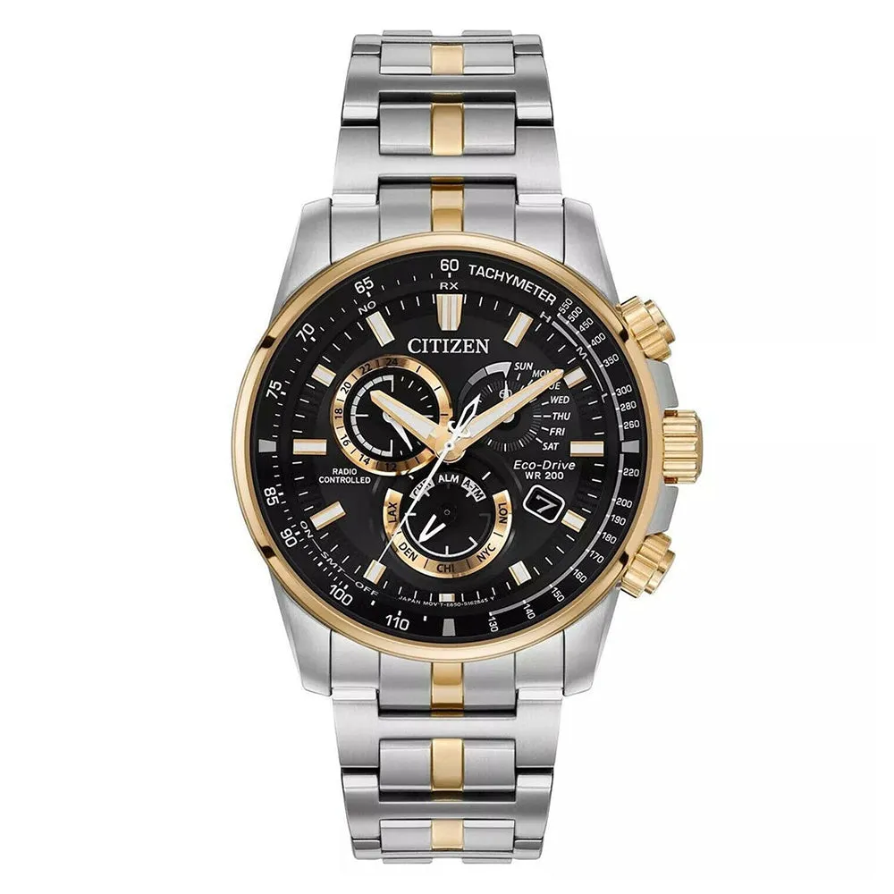 Citizen Eco-Drive Mens Pcat Radio-Controlled Two-Tone Bracelet Band Black Quartz Dial Watch - AT4126-55E