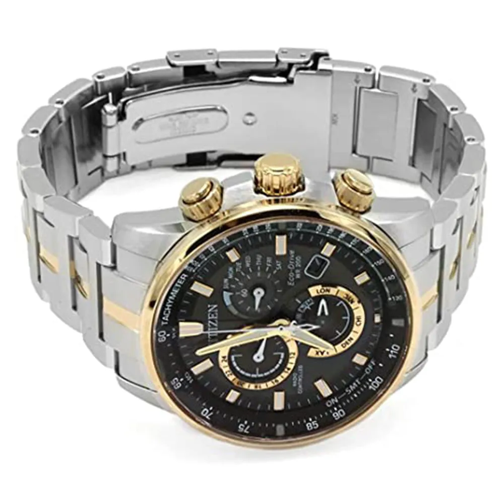 Citizen Eco-Drive Mens Pcat Radio-Controlled Two-Tone Bracelet Band Black Quartz Dial Watch - AT4126-55E