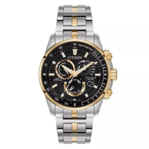 Citizen Eco-Drive Mens Pcat Radio-Controlled Two-Tone Bracelet Band Black Quartz Dial Watch - AT4126-55E