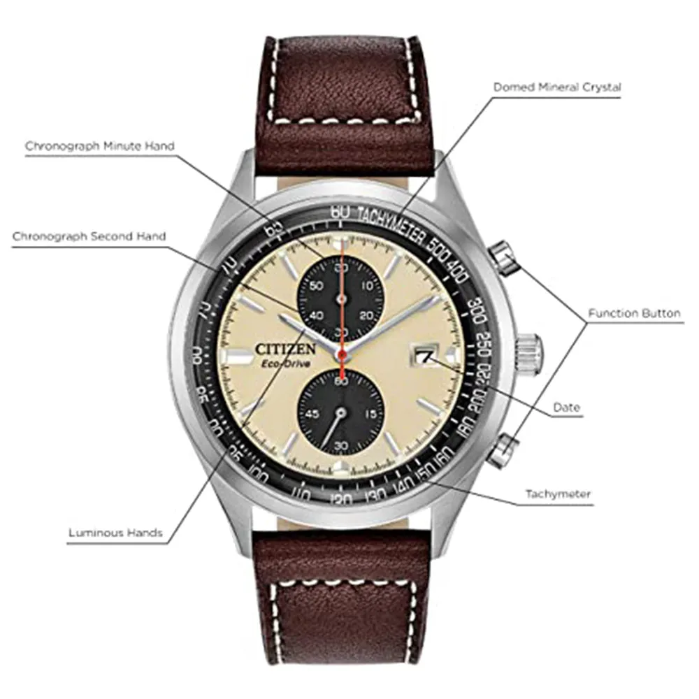 Citizen Mens Chandler Eco-drive Beige Dial Brown Band Stainless Steel Chronograph Watch - CA7020-07A