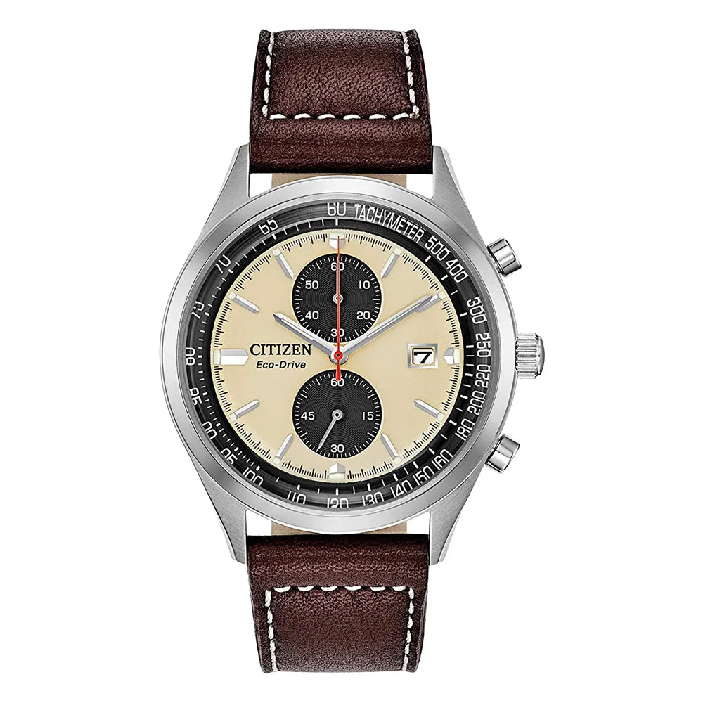 Citizen Mens Chandler Eco-drive Beige Dial Brown Band Stainless Steel Chronograph Watch - CA7020-07A