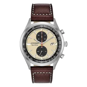 Citizen Mens Chandler Eco-drive Beige Dial Brown Band Stainless Steel Chronograph Watch - CA7020-07A