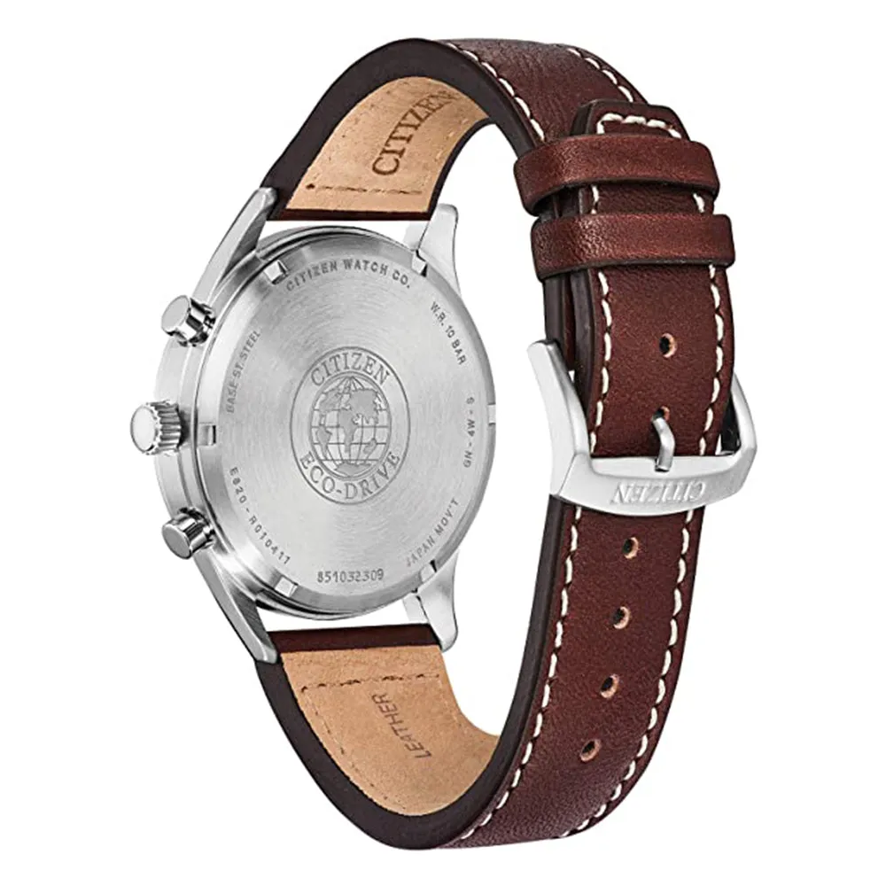 Citizen Mens Chandler Eco-drive Beige Dial Brown Band Stainless Steel Chronograph Watch - CA7020-07A
