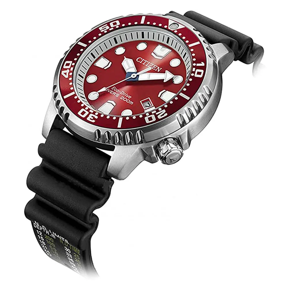 Citizen Mens Red Dial Black Rubber Band Quartz Watch - BN0159-15X