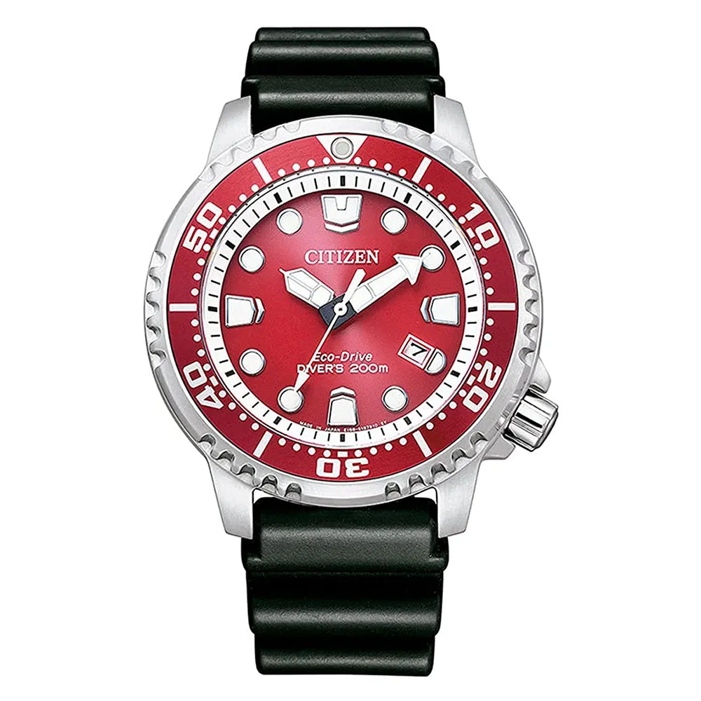 Citizen Mens Red Dial Black Rubber Band Quartz Watch - BN0159-15X
