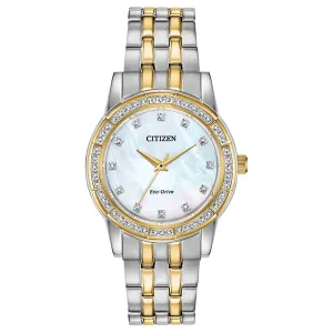 Citizen  Womens Silhouette Crystal White Dial Two Tone Stainless Steel Band Watch - EM0774-51D