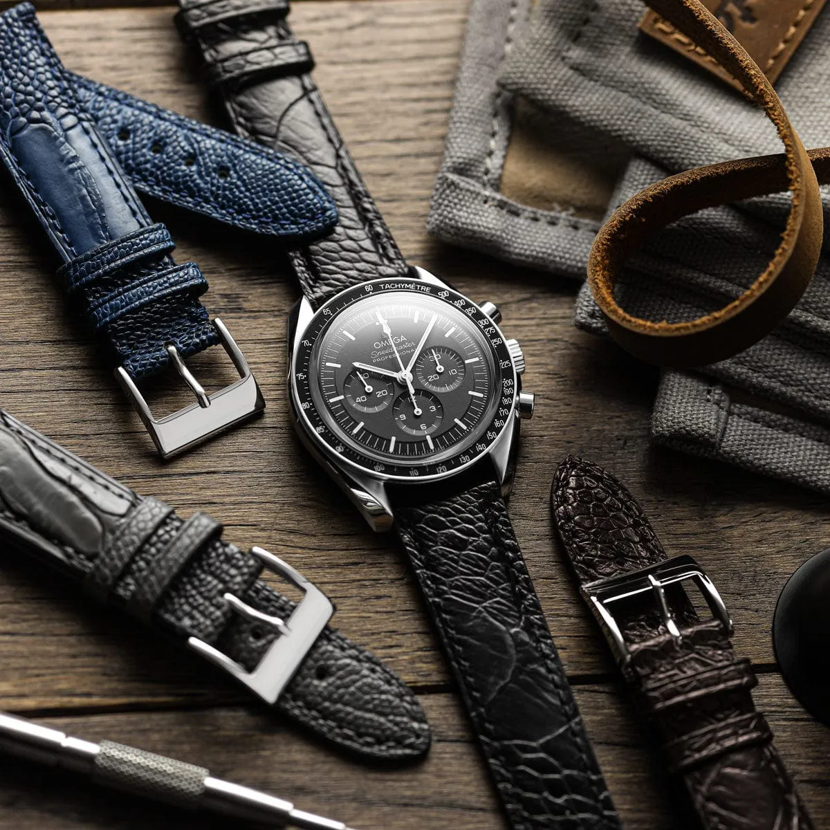 Durbuy Ostrich Leg Handmade Leather Watch Strap - Matt Blue