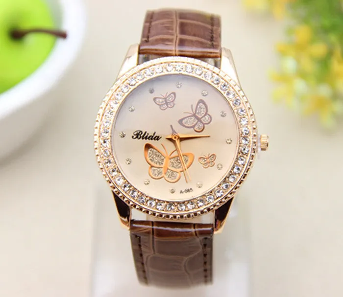 Fashion PU leather Watch Butterfly Women Rhinestone Watch Women Dress Watch