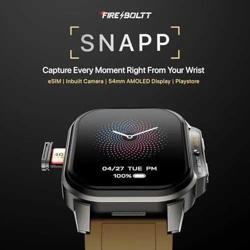 Fire-Boltt Snapp Smart Watch, Selfie Camera, 4G Nano-SIM Slot, 54.1mm AMOLED Display, Play Store- Unlimited apps, 1000mAh Battery, 2GB/4GB RAM   16GB/64GB ROM (Alpine Olive)
