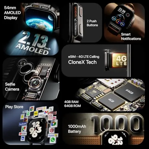 Fire-Boltt Snapp Smart Watch, Selfie Camera, 4G Nano-SIM Slot, 54.1mm AMOLED Display, Play Store- Unlimited apps, 1000mAh Battery, 2GB/4GB RAM   16GB/64GB ROM (Alpine Olive)