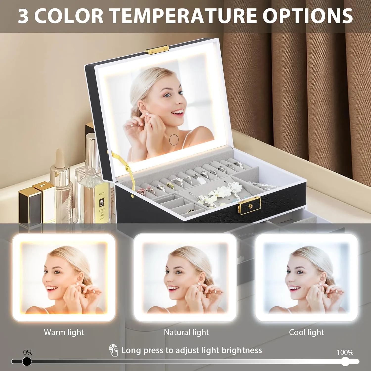 Jewelry Box with Mirror and LED Lights Two Layers Jewelry Organizer Storage Case for Women Girls Display for Earrings Bracelets Rings Watches (Black)