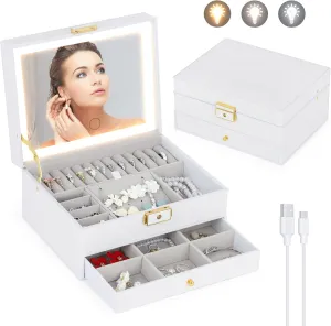 Jewelry Box with Mirror and LED Lights Two Layers Jewelry Organizer Storage Case for Women Girls Display for Earrings Bracelets Rings Watches (White)