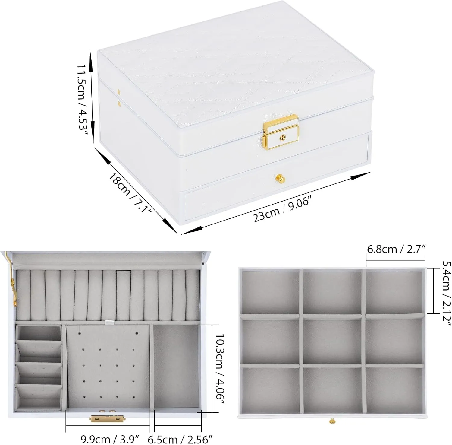 Jewelry Box with Mirror and LED Lights Two Layers Jewelry Organizer Storage Case for Women Girls Display for Earrings Bracelets Rings Watches (White)