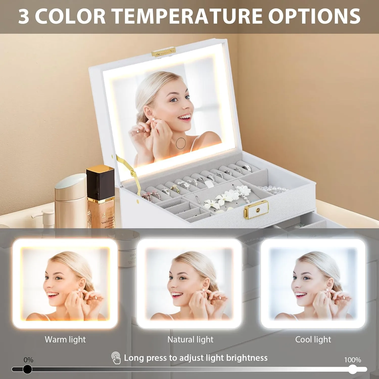 Jewelry Box with Mirror and LED Lights Two Layers Jewelry Organizer Storage Case for Women Girls Display for Earrings Bracelets Rings Watches (White)