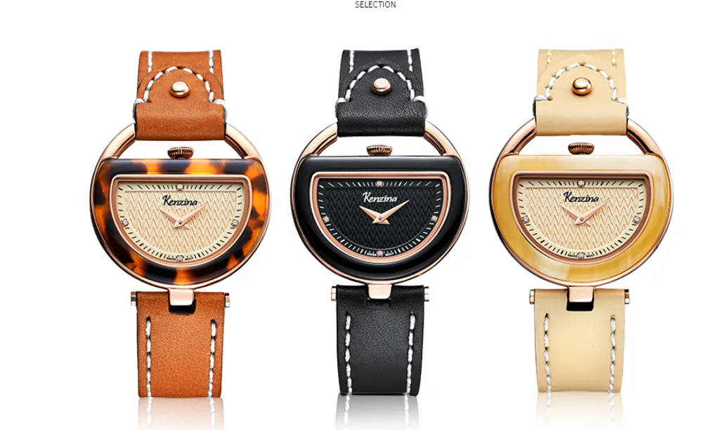 KENZINA WATER RESISTANT LEATHER STRAP WATCH WITH CRYSTAL DETAIL