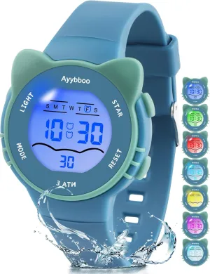 Kids Digital Watches for Girls Boys, 7 Color Lights Waterproof Cute Wristwatches for Kids with Alarm Stopwatch, Great Present for Girls Boys Ages 5-13