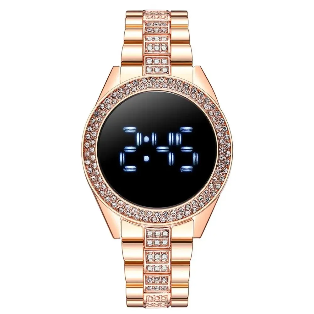 LED Digital Watches for Women Luxury Rose Gold Diamond Dial