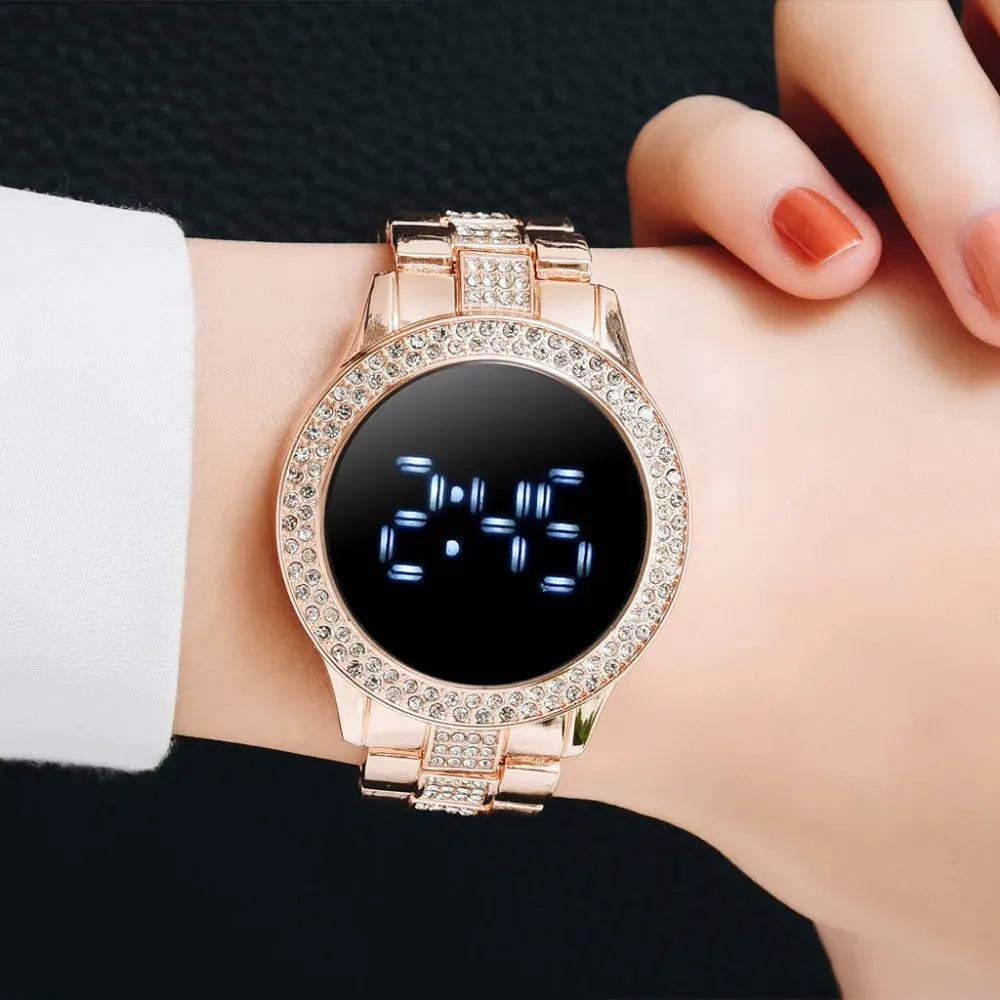 LED Digital Watches for Women Luxury Rose Gold Diamond Dial