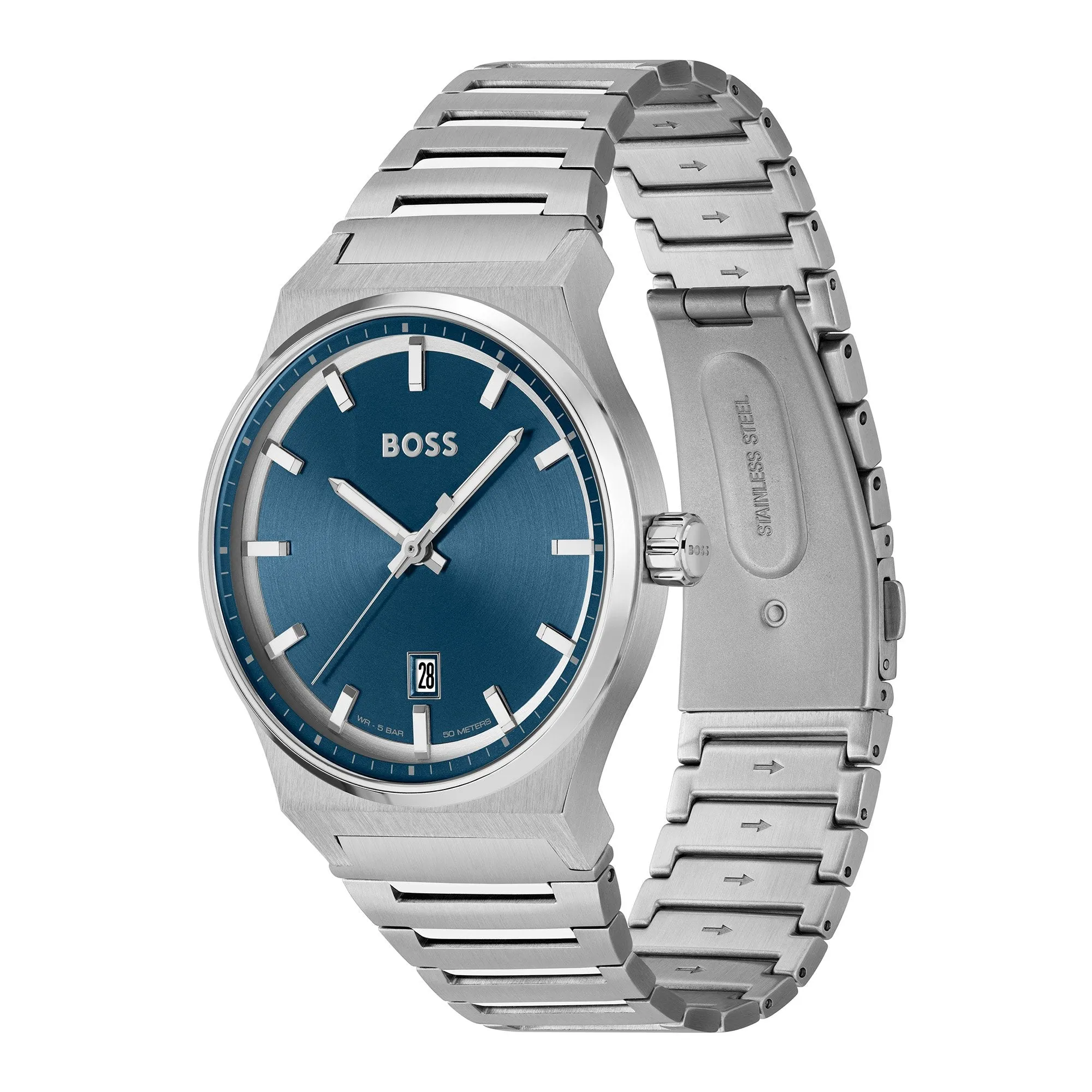 Mens BOSS Silver/Blue Candor Bracelet Watch