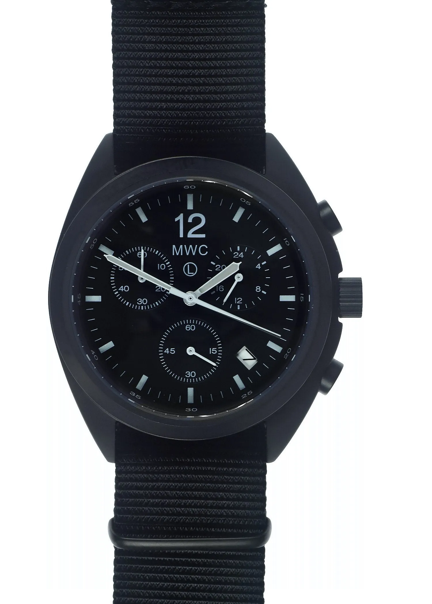 MWC Mechanical/Quartz Hybrid NATO Pattern Military Pilots Chronograph in Non Reflective Black PVD Finish