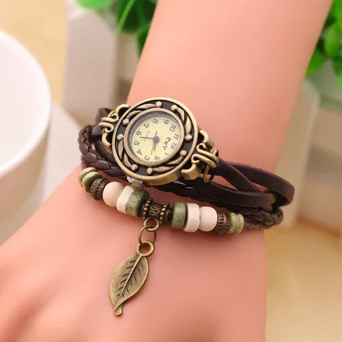 New Vintage Quartz watch Watchs Women Wrap Tree leaf Pendant Synthetic Leather Bracelet Wrist Watch