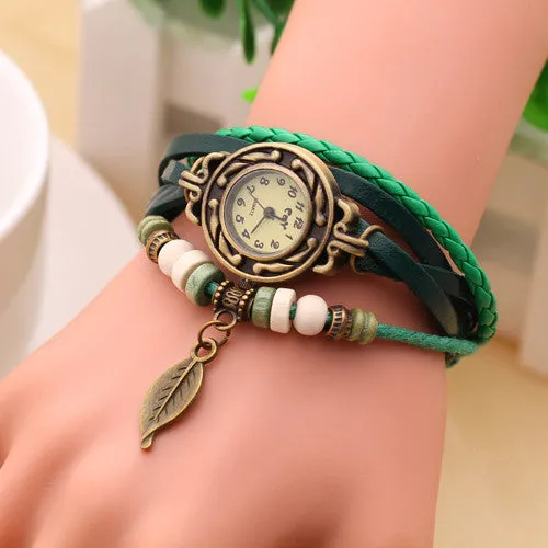 New Vintage Quartz watch Watchs Women Wrap Tree leaf Pendant Synthetic Leather Bracelet Wrist Watch